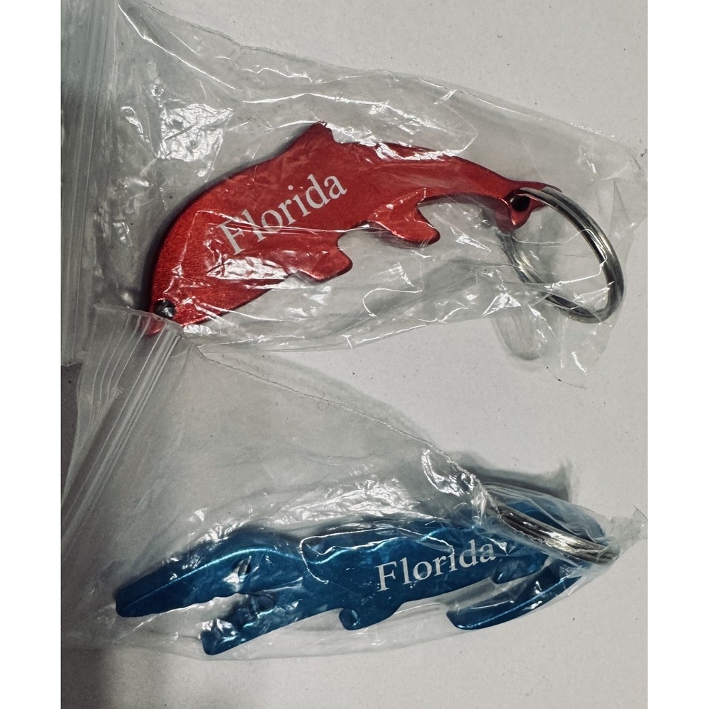 2 Florida Keychains Aluminum Bottle Opener Key Ring Blue Alligator Red Dolphin